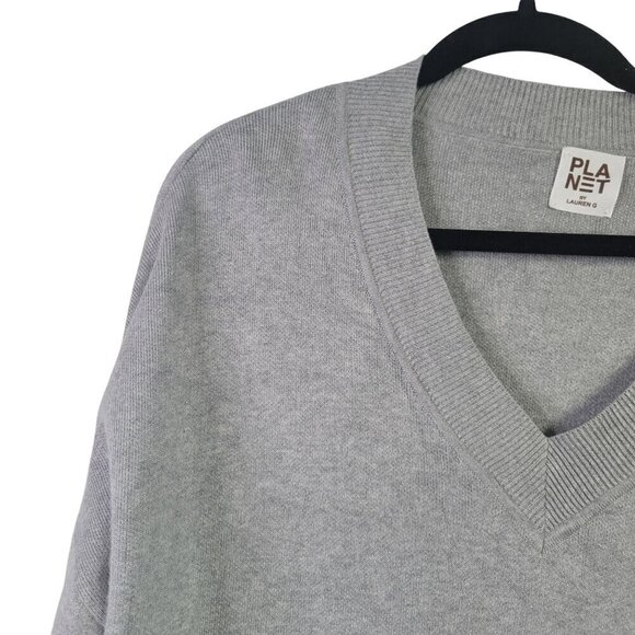 Planet by Lauren G Pima Cotton and Modal Boxy Gray V Neckline Cut Out Sweater OS - Picture 2 of 12